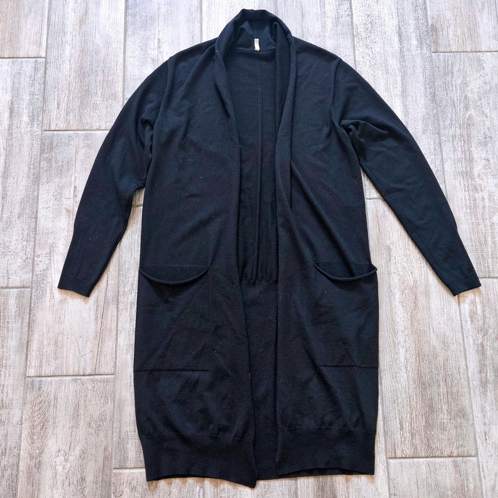 Annette Gortz‎ Cardigan Women Size S Black Merino Wool Duster Open Front Pockets